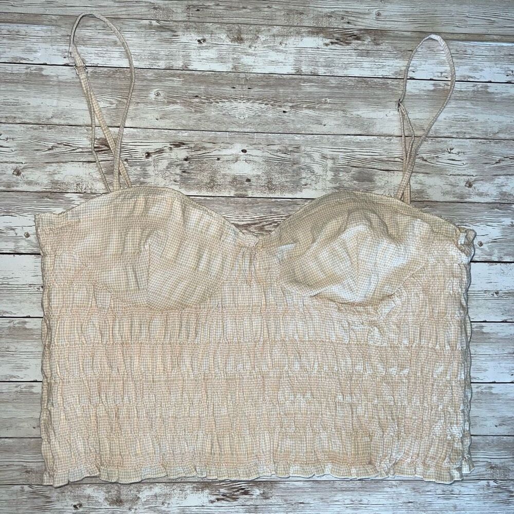 Zara Womens Cream Tan Check Sweetheart Neck Smocked Bustier Crop Top Size XL NWT